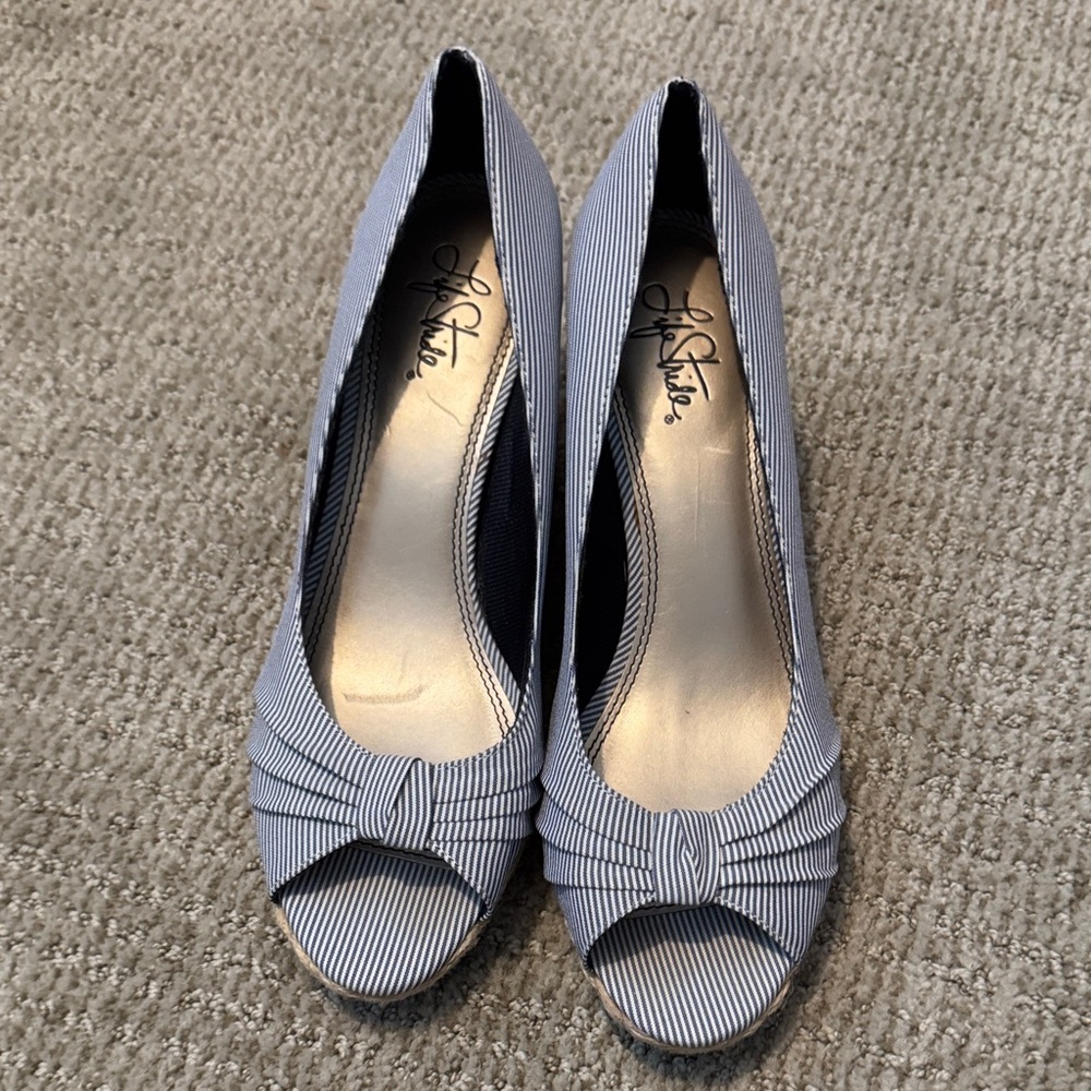 Life Stride Navy & White Striped Peep-Toe Wedges with Bow